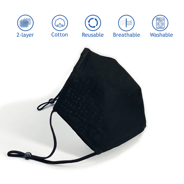 2-Layer Cotton Black Face Mask (+ 1 Free Filter) Washable Reusable with Filter Pocket and Adjustable Ear loops
