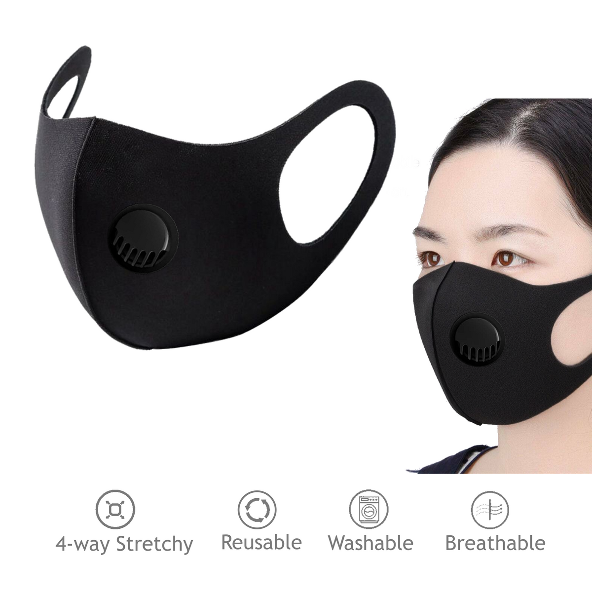 Reusable Face Mask Black Pattern with Valve Breathing Filter - TDI, Inc