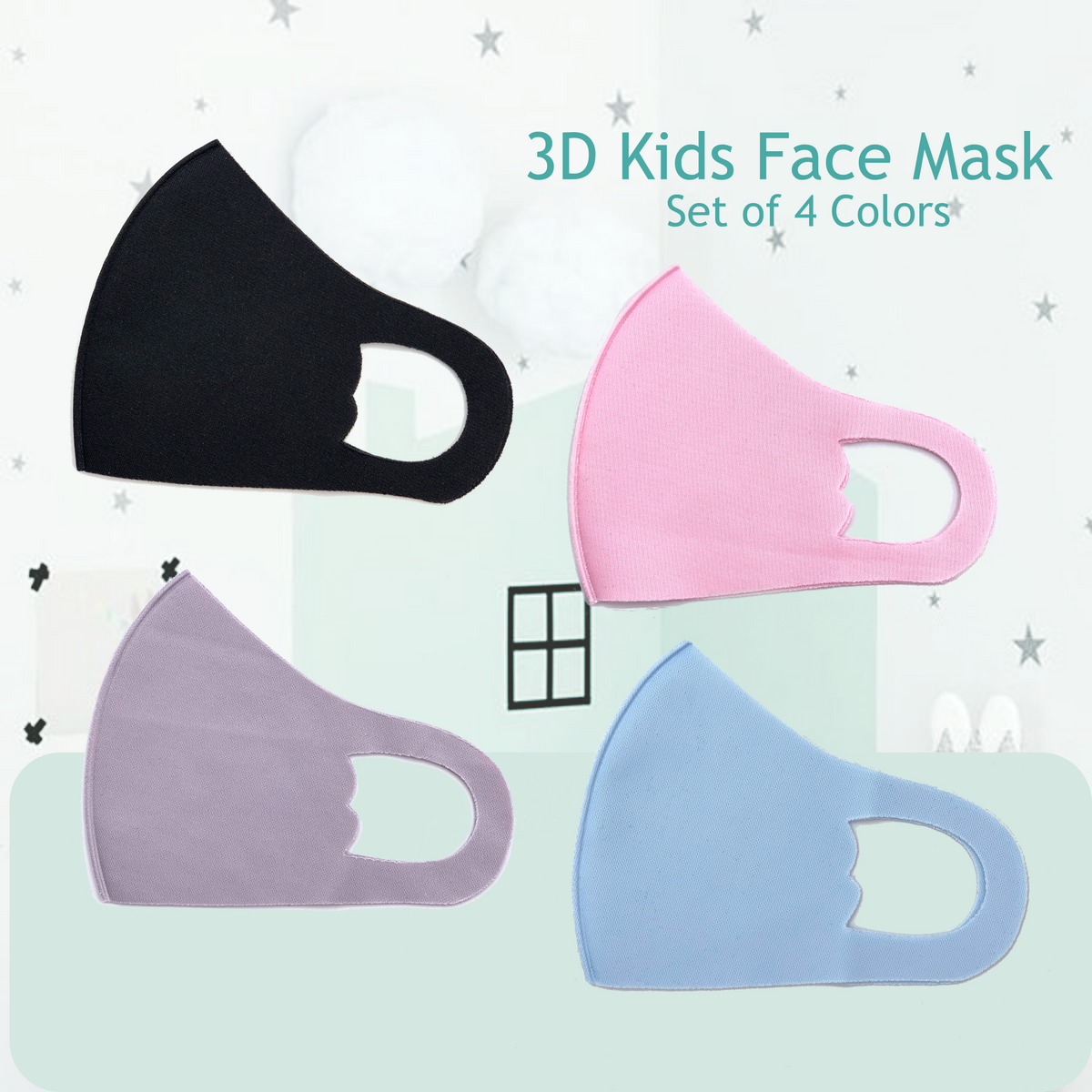 4 PACK] 3D Kids Fashion Face Mask 4 colors Black + Blue + Gray +