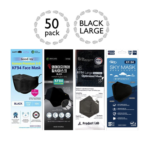 [50 PACK] KF94 ADULT BLACK Face Mask Assorted Set KF94 대형 블랙 50매 세트