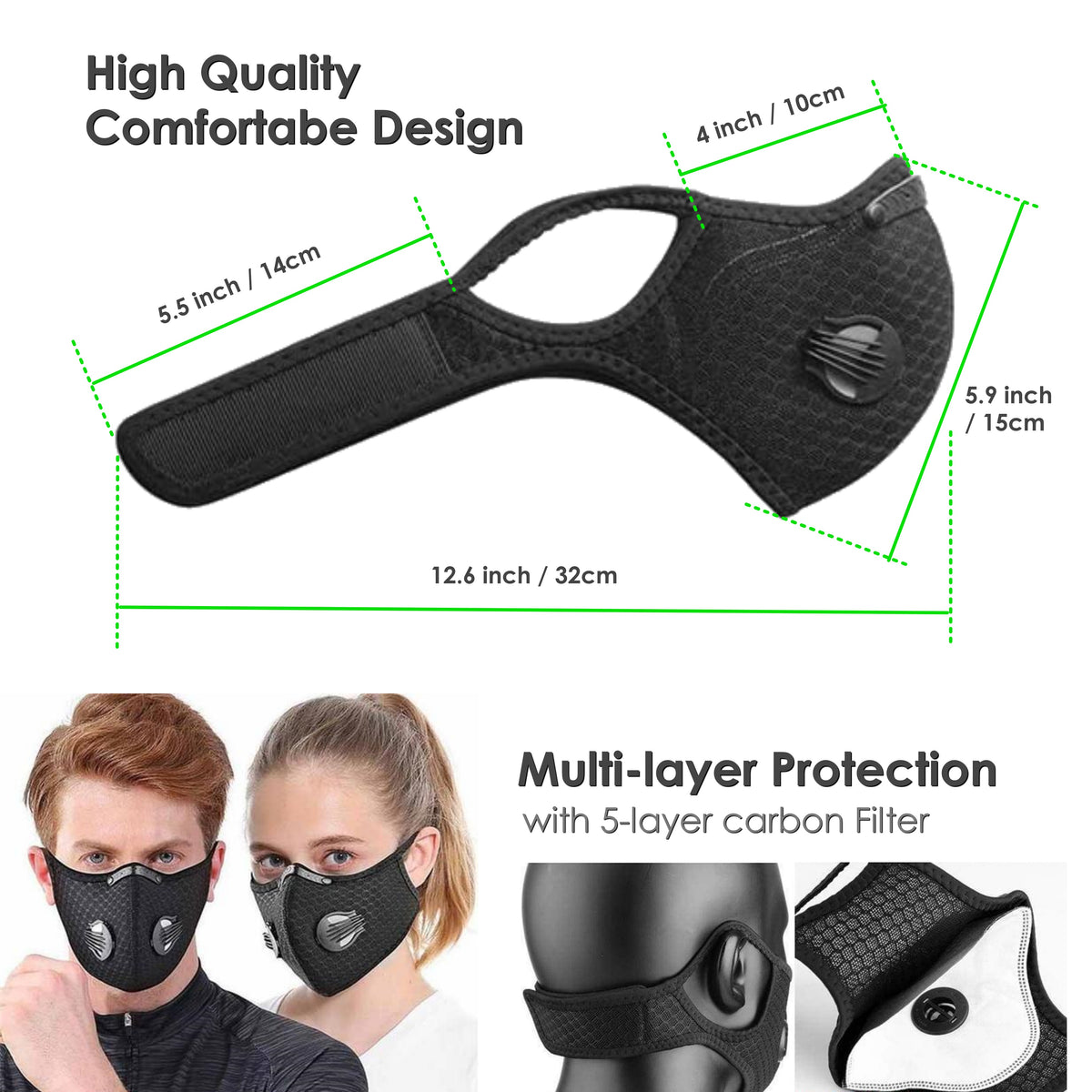Face Mask, Swim Bike Run Black, Non medical reusable and reversible