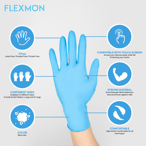 [100 Count] FLEXMON Nitrile Exam Gloves - 4.2mil. Disposable / Powder Free / Latex Free / Rubber Free