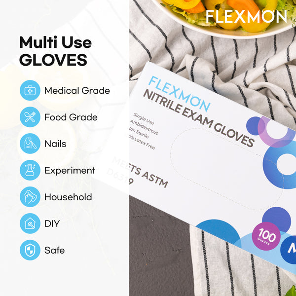 [100 Count] FLEXMON Nitrile Exam Gloves - 4.2mil. Disposable / Powder Free / Latex Free / Rubber Free