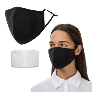 2-Layer Cotton Black Face Mask (+ 1 Free Filter) Washable Reusable with Filter Pocket and Adjustable Ear loops