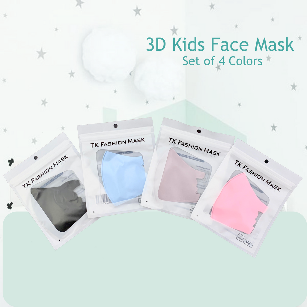 4 PACK] 3D Kids Fashion Face Mask 4 colors Black + Blue + Gray +