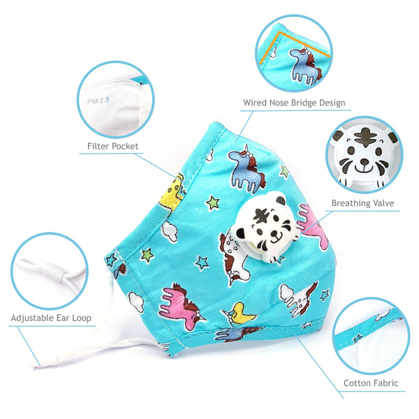 Kids Children Cotton Reusable Washable Mask with Breather Valve & Filter Pocket 어린이용 면소재 마스크 필터포켓